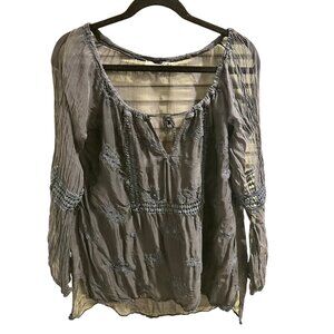 🌸3/$15🌸Italian Navy Blue Sheer Long Sleeve Boho Blouse with Embroidery sz L